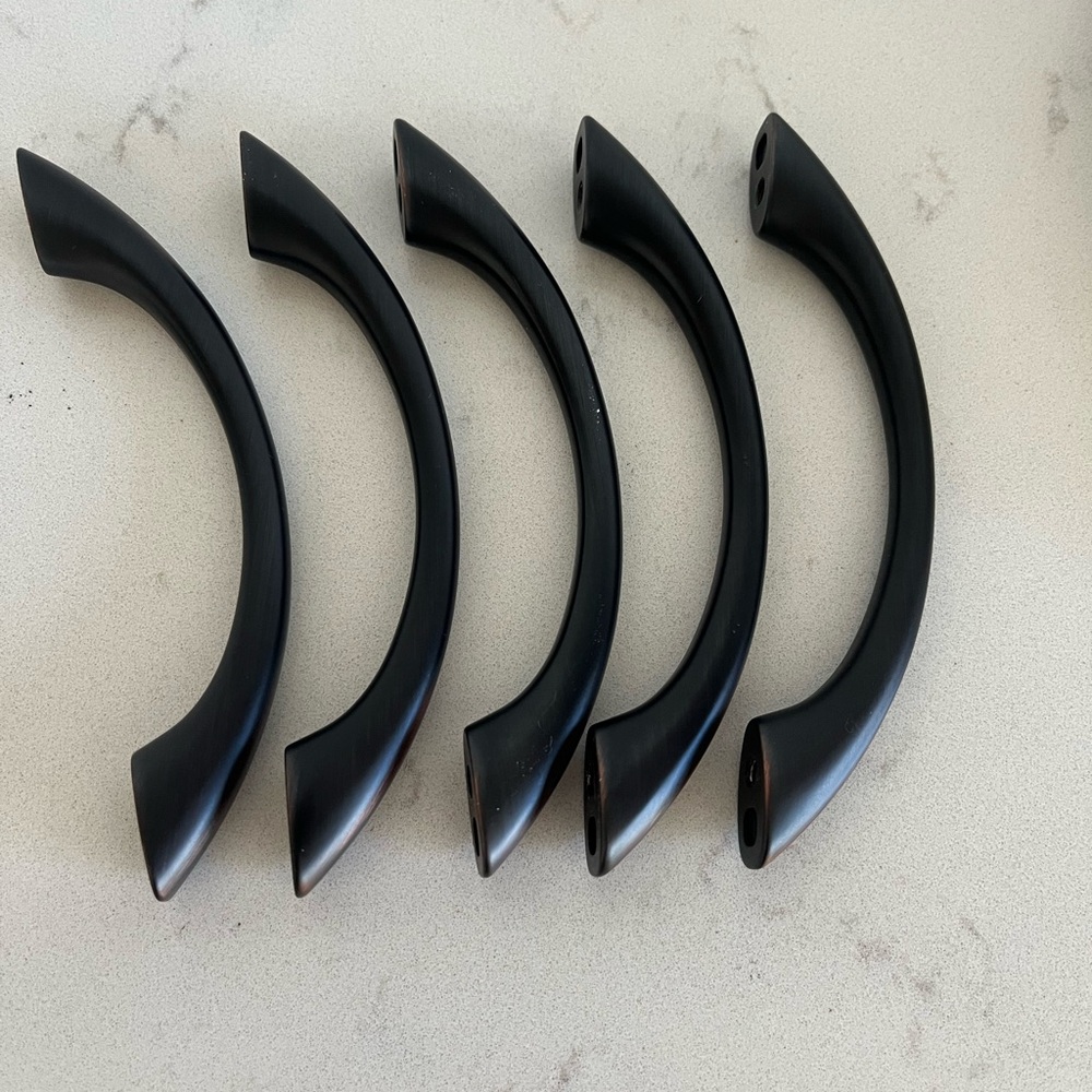 Set of 12 Used Rubbed Bronze Curved Cabinet/Drawer Handles